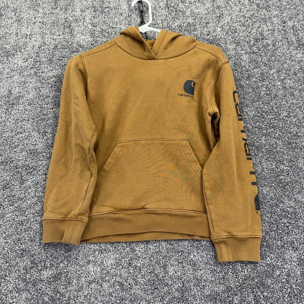 Carhartt Hoodie Kids 10/12 Brown Fleece Pullover Logo Graphic Sleeve Kangaroo